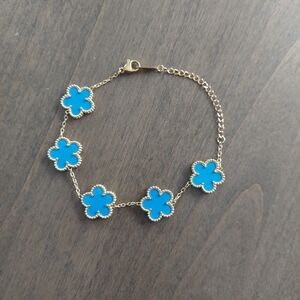 Waterproof Blue/Gold 5 Petal Clover Flower Bracelet, Double Side Mother of Pearl